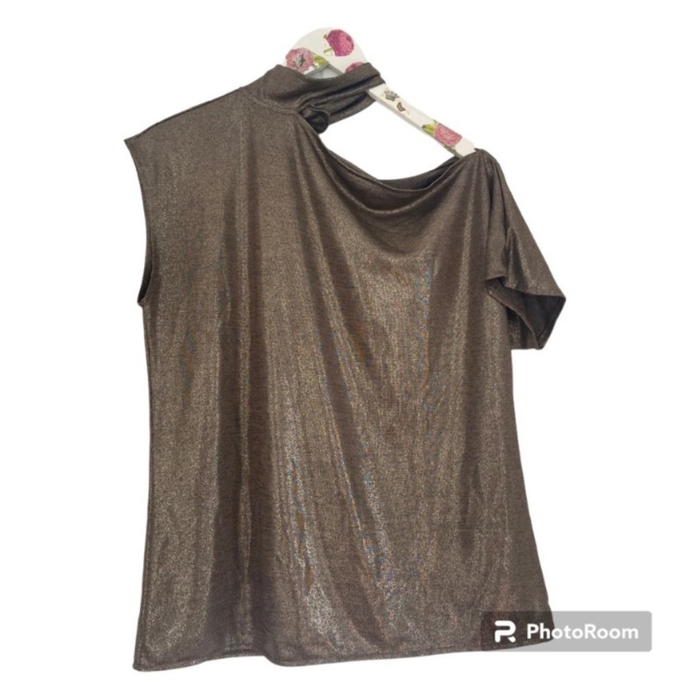 H HALSTON Women's Top Metallic Cold Shoulder bronze size Small NWOT - Picture 3 of 5
